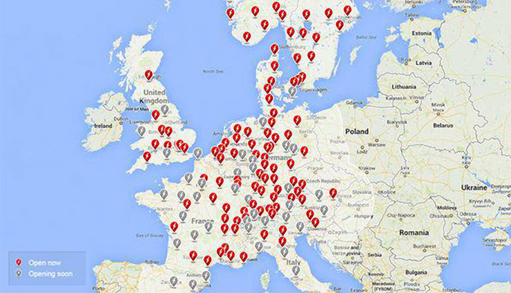 Kaart Tesla Superchargers Europa