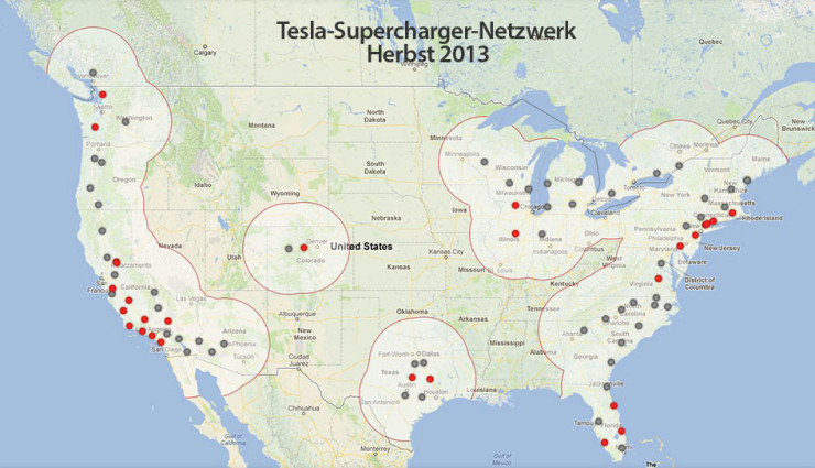 Tesla-Supercharger-Netzwerk Herbst 2013